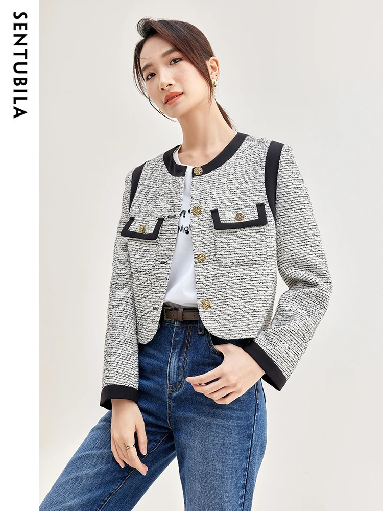 

SENTUBILA Women Cropped Tweed Jacket 2025 Spring Elegant Single-Breasted Contrast Chic Female Outerwear Woman Clothes W33W51356