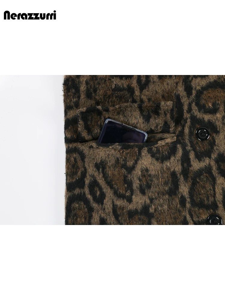 Nerazzurri Autumn Winter Long Loose Casual Leopard Print Woolen Coat Men