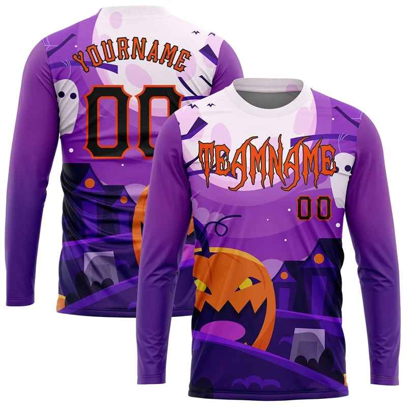 Custom Name Number Halloween Long Sleeve Jersey Personalized Team Print Ghost Pumpkin Haunted House Graphic Party Sport Tops