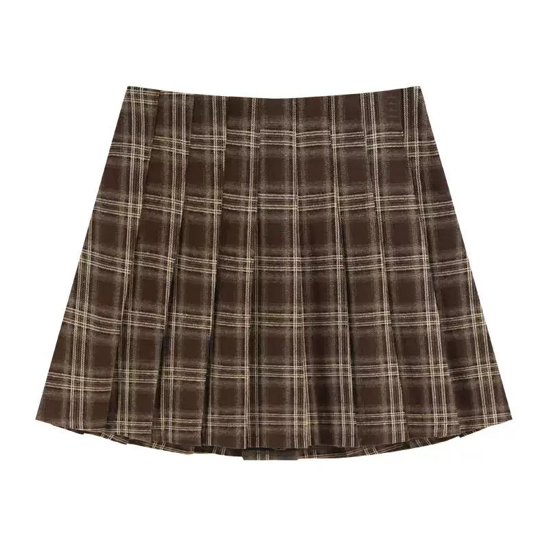 Bomon American Preppy Vintage Coffee-Colored Plaid Pleated Skirt Women's New Autumn/Winter Sweet Spice High-Waisted A-Line Skirt