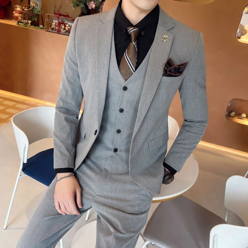 X1020 Brown Double-breasted Suit Men\'s British Slim Fit Men\'s Large Size Suit Three-piece Wedding Groom Dress Trend