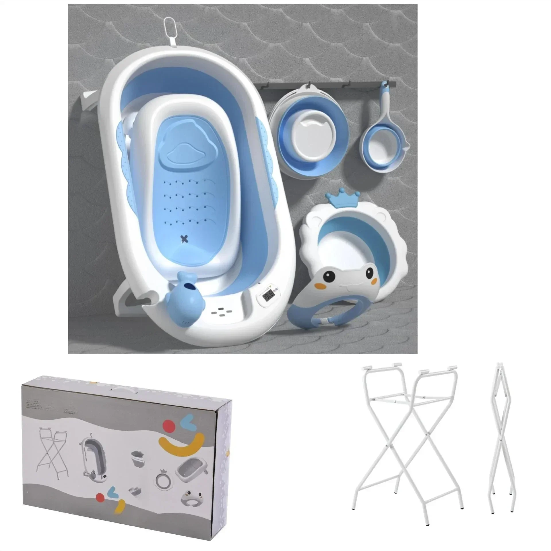 Newborn and infant bath care set with drying rack and ivory plate gift box, excluding curved table rack for drying clothes