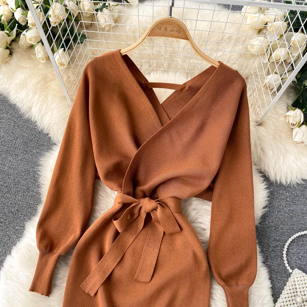 YuooMuoo Women Dress 2023 Autumn Winter Elegant Sash Bandage Bodycon Mini Dress Chic Fashion Y2K Knitted Ladies Dresses Party