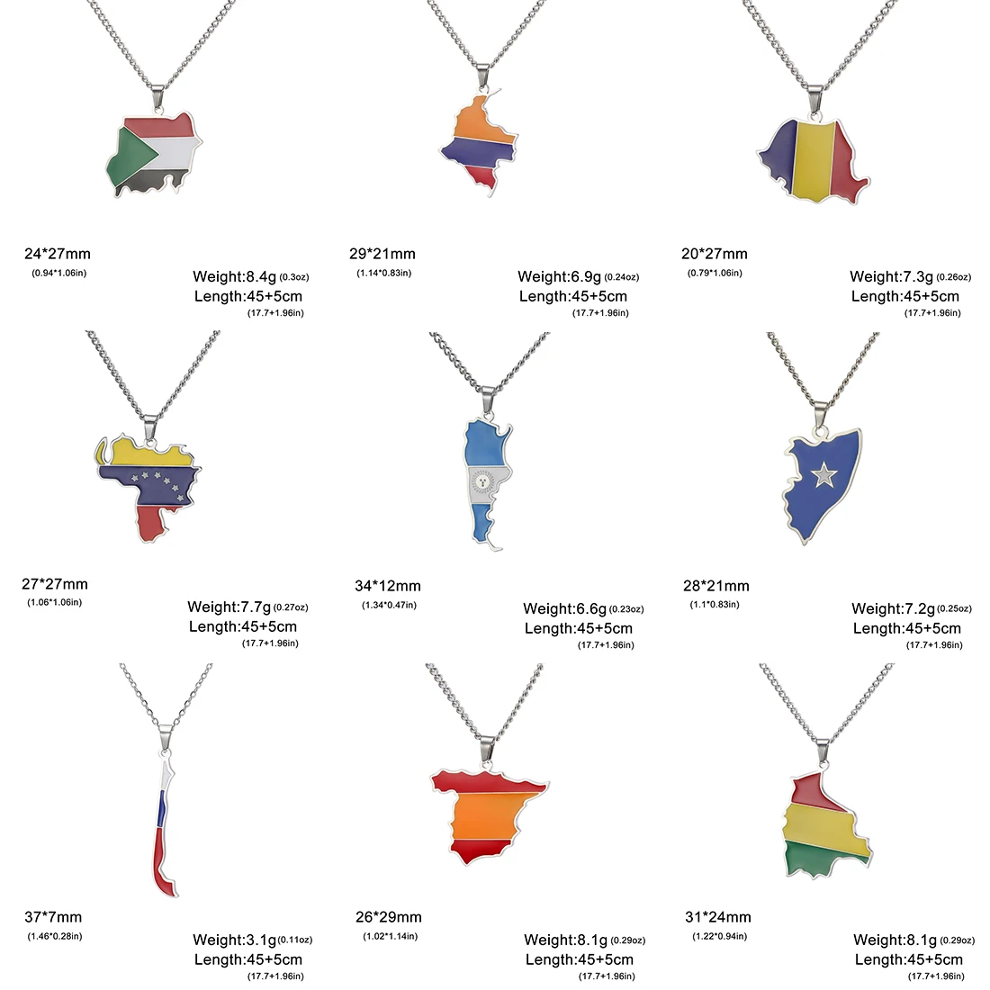 EUEAVAN National Map Flag Pendant Necklace Sudan Argentina Somalia Colombia Romania Venezuela Chile Spain Bolivia Ethnic Jewelry