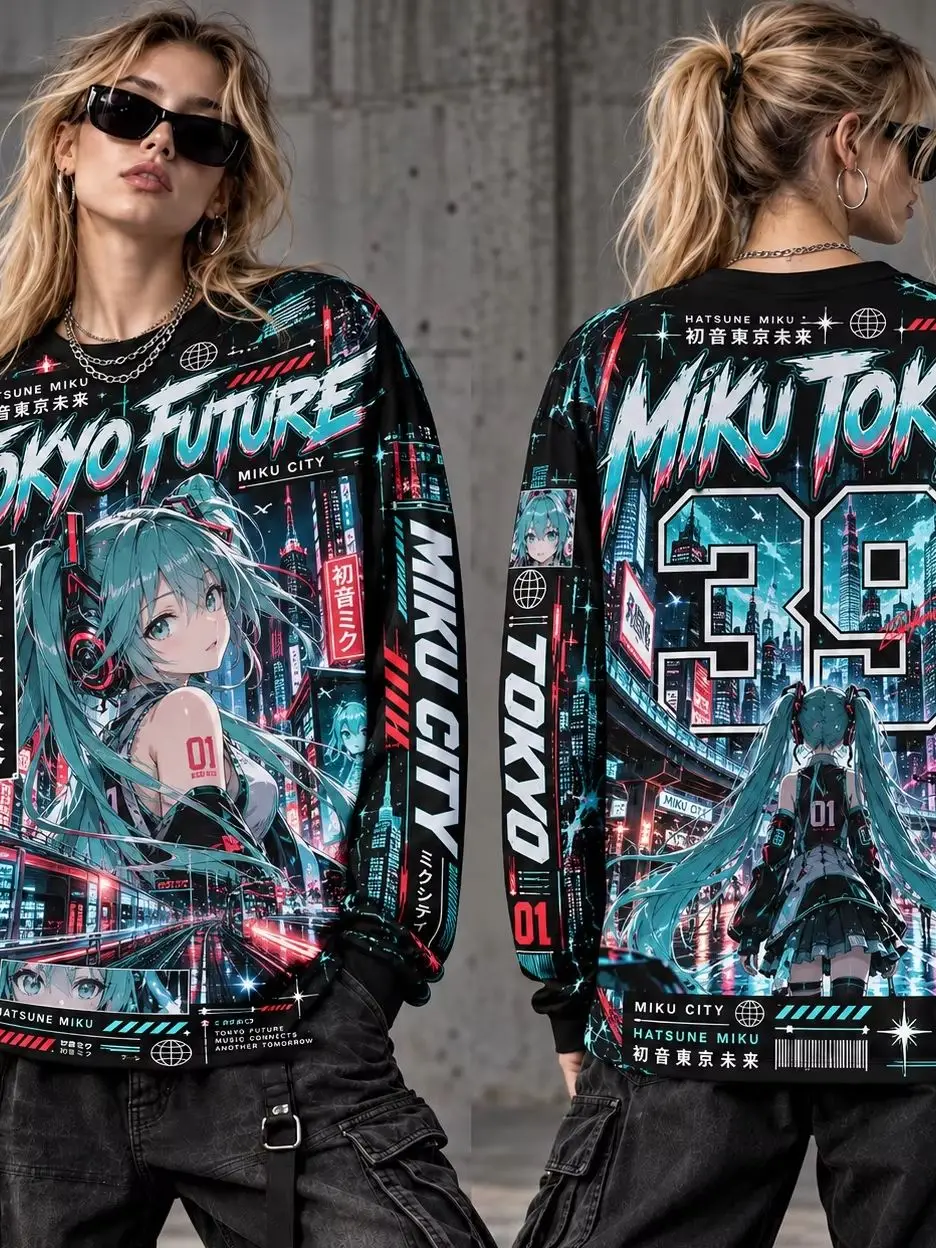 Bluza z grafiką Hatsune Miku Tokyo Future, damska, dla dorosłych, w stylu anime, z długim rękawem, luźny krój, idealna do noszenia na co dzień, w stylu streetwear. — 2