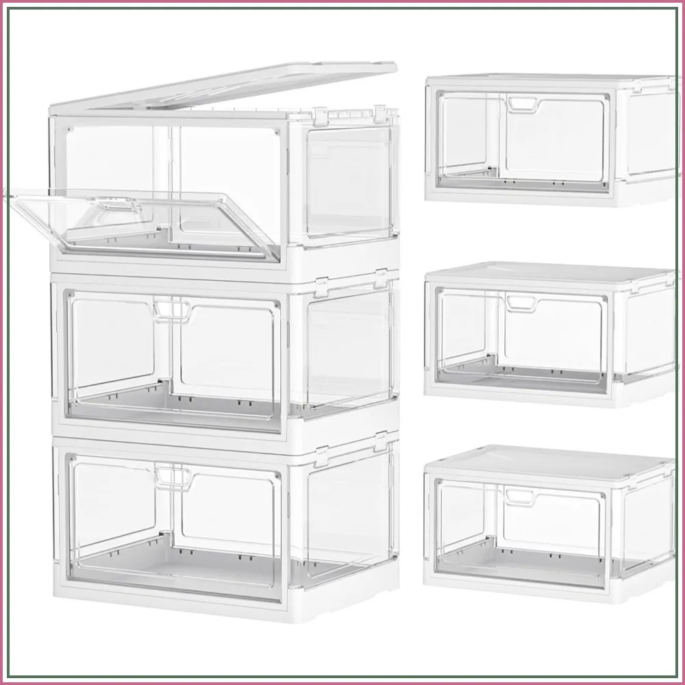 

Clear Storage Bin with Lid 3 Pack, Stackable Plastic Folding Bins for Bedroom Living Room Study, 23 QT Collapsible Box with Magnetic Door