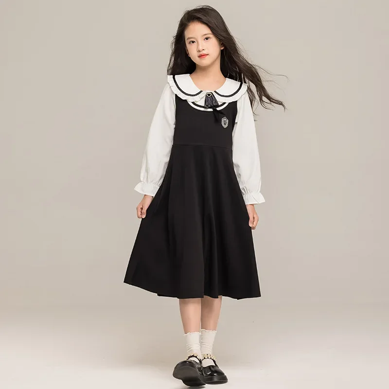 Girls' Black Dress Long Sleeved Early Autumn New Item Doll Collar Princess Dress Children's Fake Two-piece Dress Girls Dresses