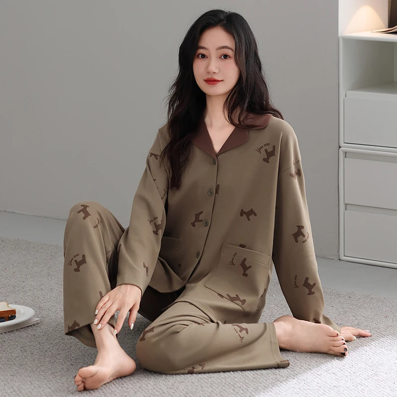 High Quality M-3XL Spring and Autumn 100% Cotton Pyjamas Female Long Sleeve Sleepwear