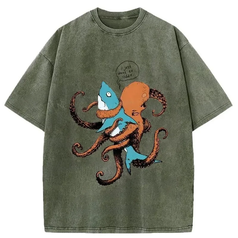 

Japanese Style Y2K Hip hop Men's T-shirts 2025 Octopus Entangles Shark Washed T-Shirt Summer Retro Vintage Short Sleeve O-neck T