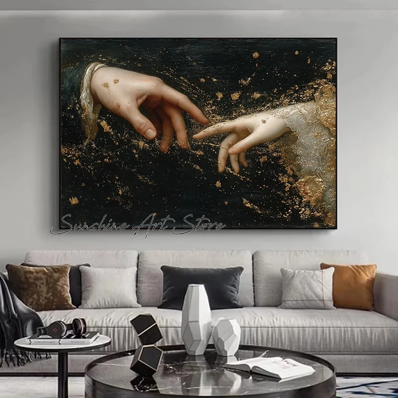 Golden Magic Touch Romantic Lover Ethereal Connection Celestial Mystical Romance Poster Canvas Painting Wall Pictures Wall Decor