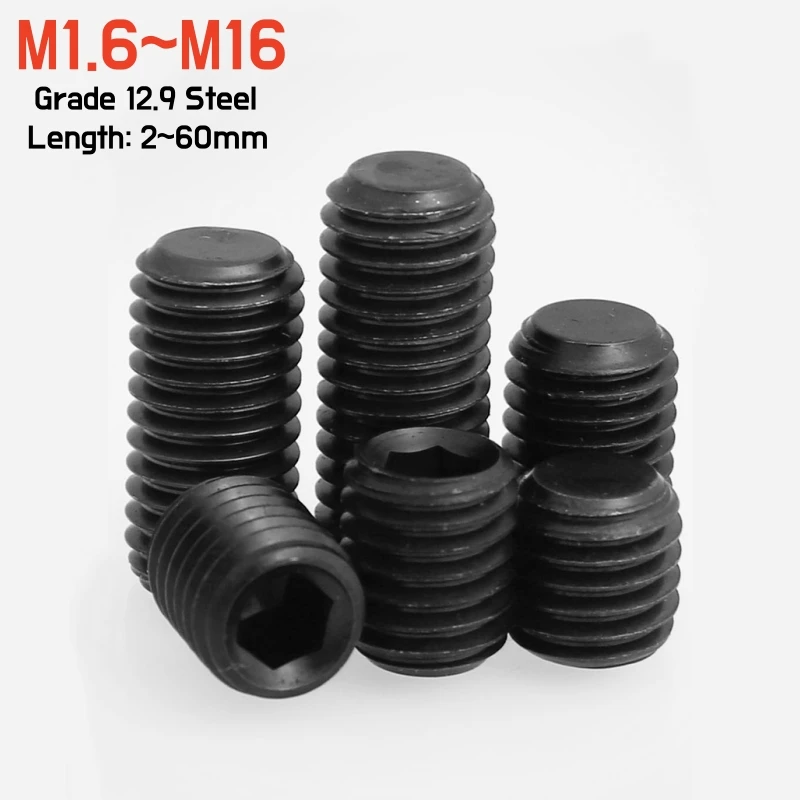 Black Hexagon Hex Socket Set Screw M1.6 M2 M2.5 M3 M4 M5 M6 M8 M10M12M14M16 Grade 12.9 Steel Flat Point Allen Head Headless Bolt