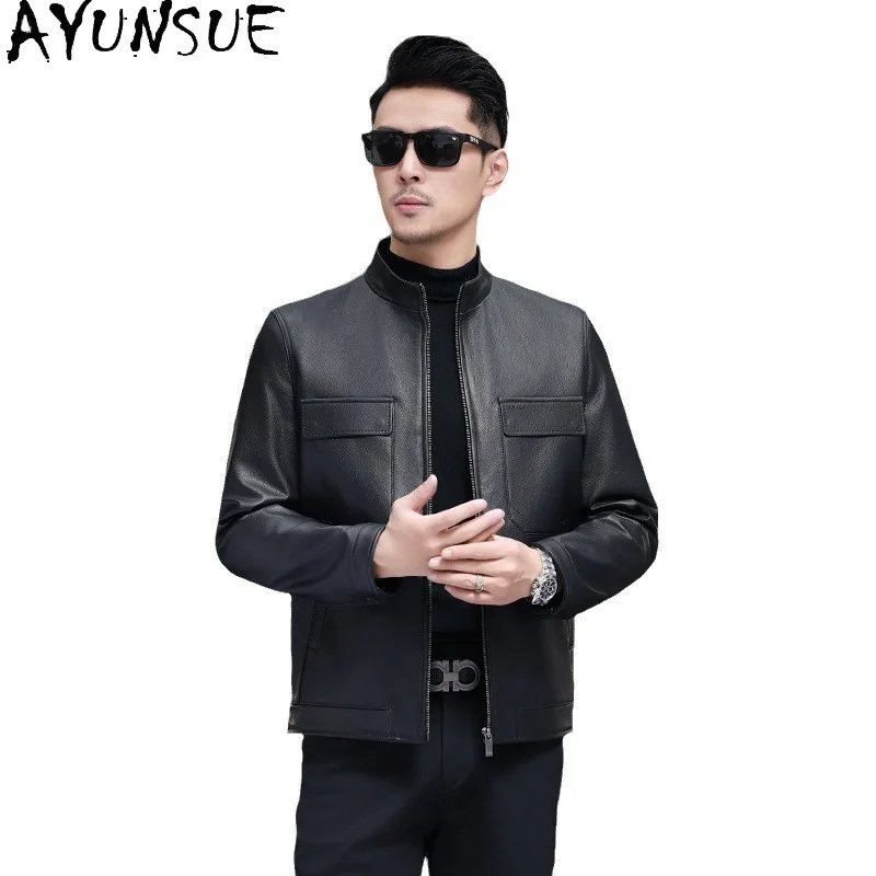 

AYUNSUEtop Layer Cowhide Leather Jacket Men 2025 Korean Style Genuine Leather Jackets Man Stand Collar Short Black Leather Coat