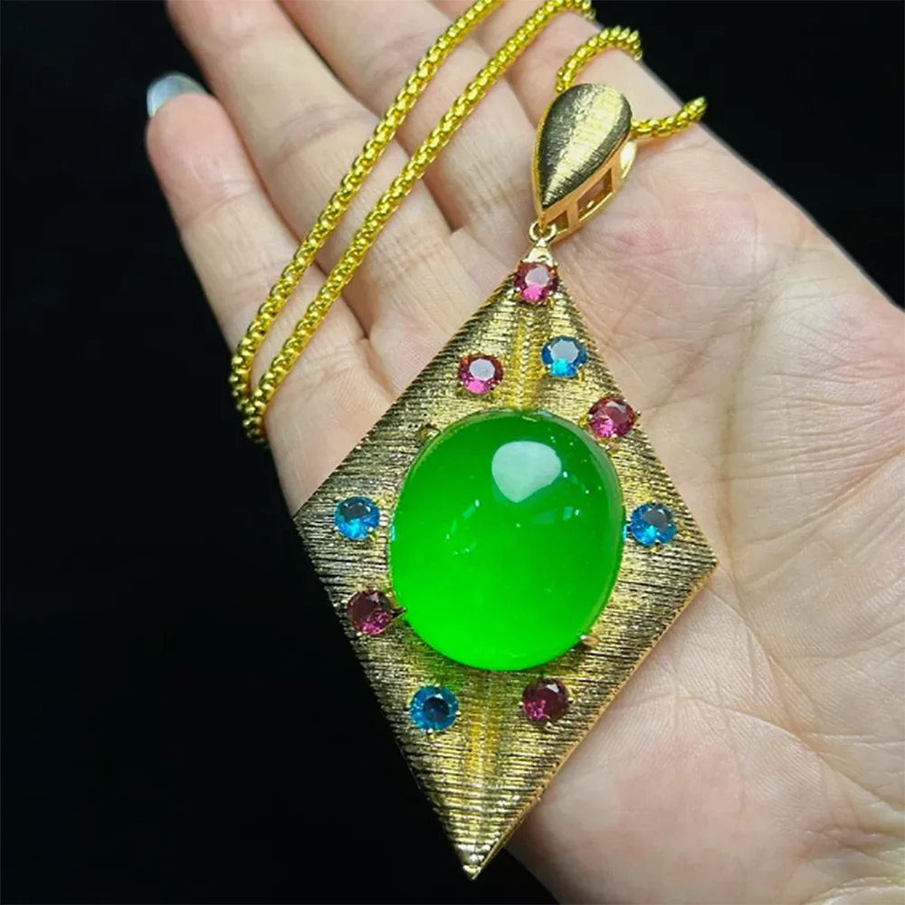 

Dazzling Certified Green Rhomboid Jade jadeite Inlaid Pigeon Egg Necklace