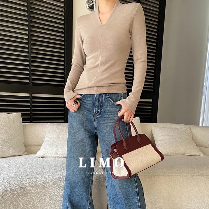 

LIMO 2025 Spring Summer Casual Knit Top Women Fashion Soft Viscose Thin Fleece Layering Tee Turtleneck Basic Shirt Daily Wear