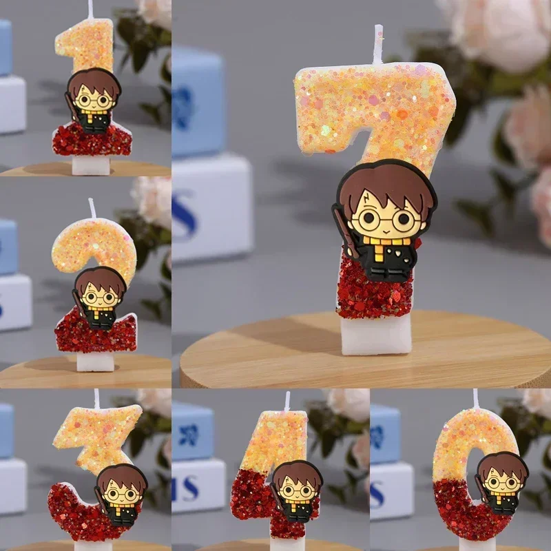 Creative 0-9 Digital Harryies Pottered Candles Color Block Number Candles Glitter Birthday Cake Candles Party Decoration