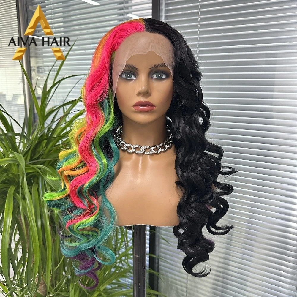 Rainbow Colored Synthetic 13x4 Lace Front Body Wave Transparent Drag Queen High Temperature Fiber Wigs For Women Glueless 180%