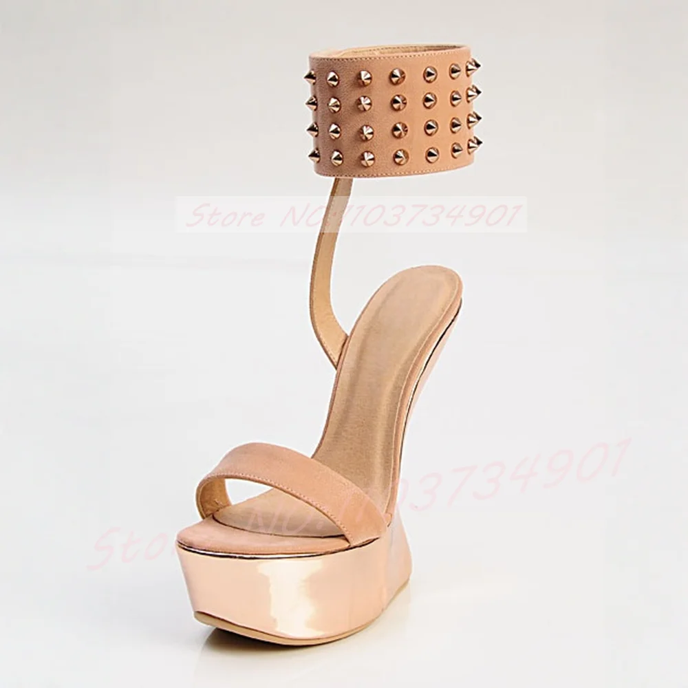 Metal Spikes Color-Blocking Heelless Sandals Gold Metallic Platform Beige Ankle Strap Open Toe Hoof Heels Retro Fashion Sandals