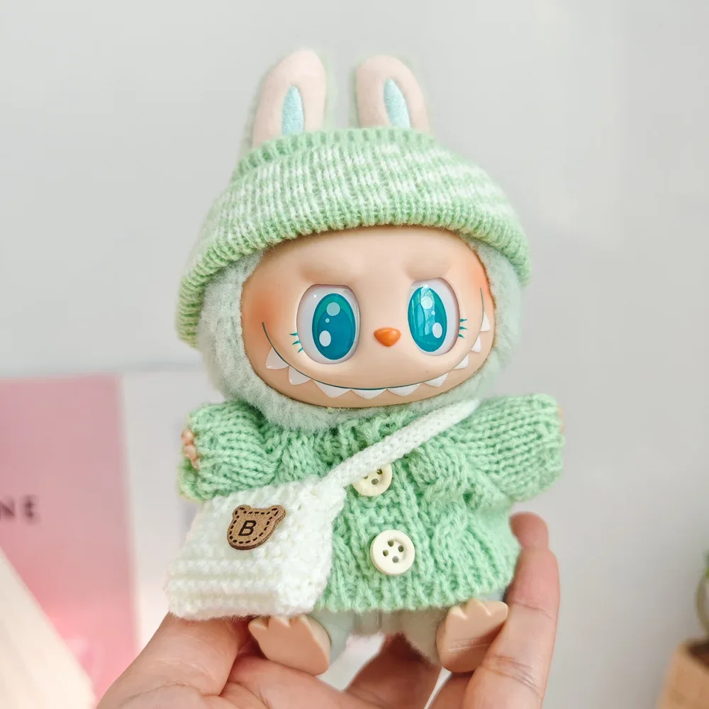 Kleidung für Labubu 17 cm II Idol Puppen sitzende Party Das Monster Outfit Zubehör Kleidung schönes Geschenk süßer Pullover Hut und Tasche