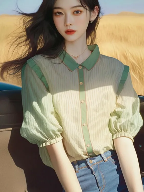 

Summer 2025 Women's irt Trendy een Stripes Mid-Sve Classic Sle Korean Feeling Age-Defng Polyester Fiber Casual irt