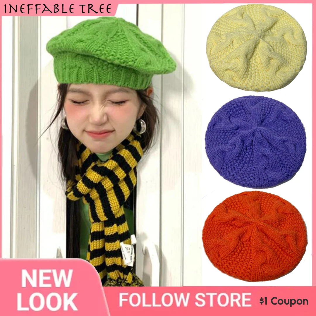 Y2K Candy Color Millennial Girl Twisted Hemp Flower Beret Women Warm Knitted Beanie Hat Winter Handmade Knitting Painter Cap