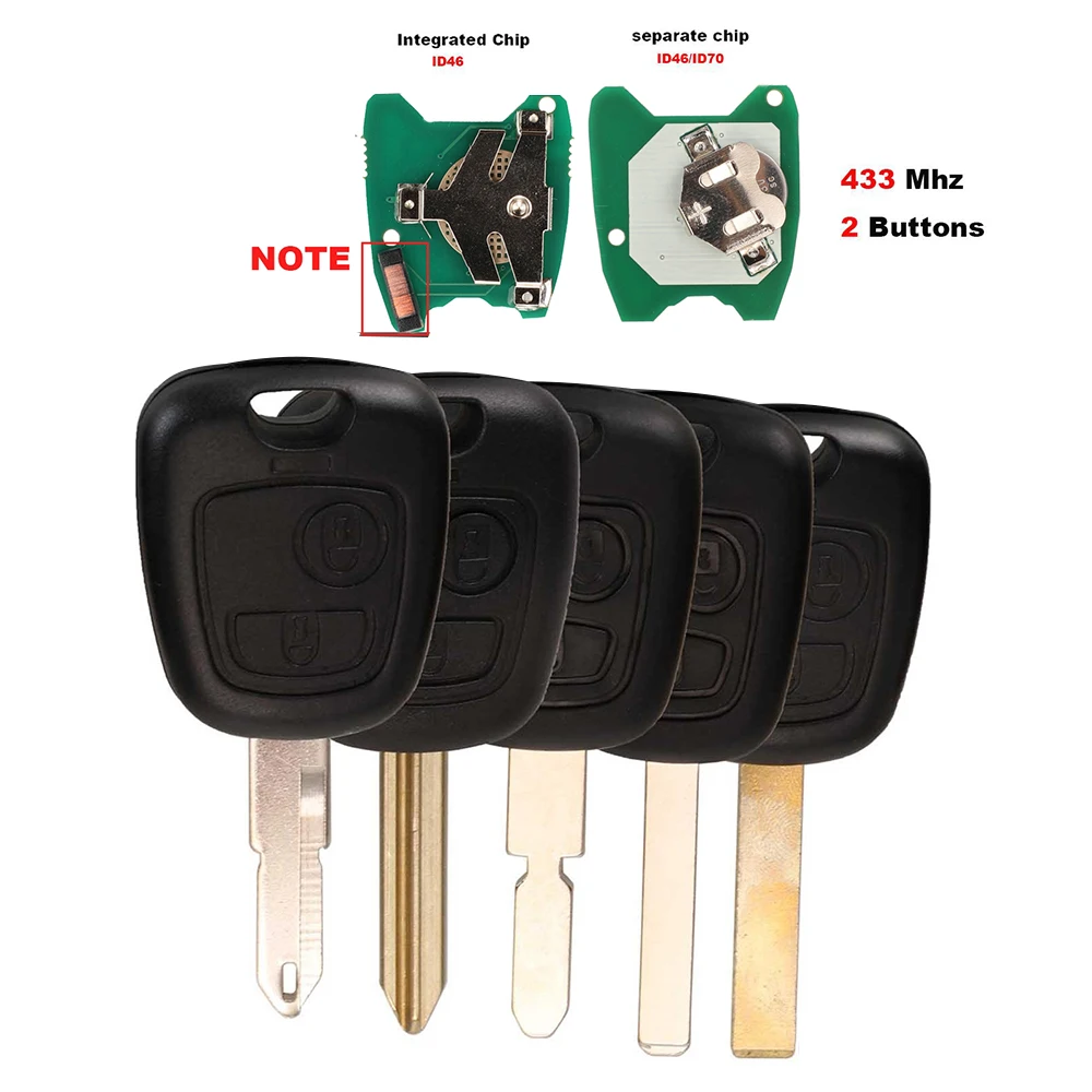 

jingyuqin New 2Button Remote Key Fob Controller For PEUGEOT 107 206 Toyota Aygo Citroen C1 C3 433MHZ With ID46/ID70 Chip