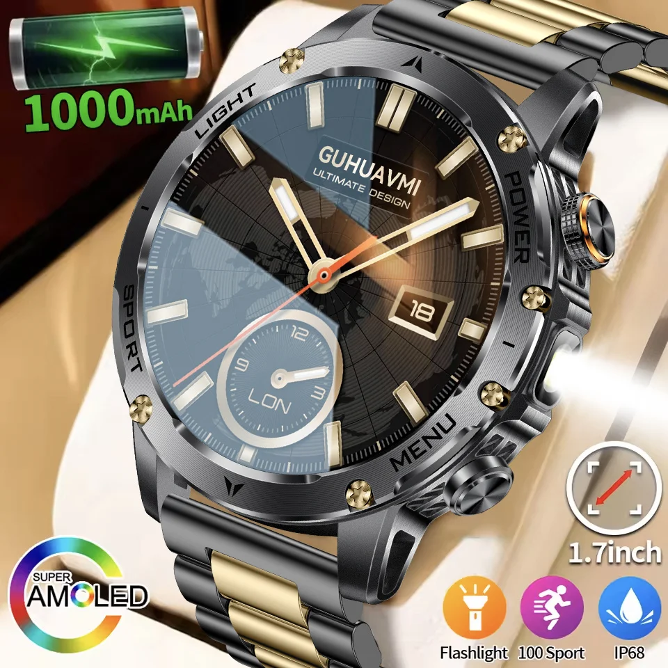 New AMOLED Smart Watch Men 1000mAh Large Capacity Battery Outdoor Flashlight Bluetooth Call Waterproof Sport Fitness Smartwatch