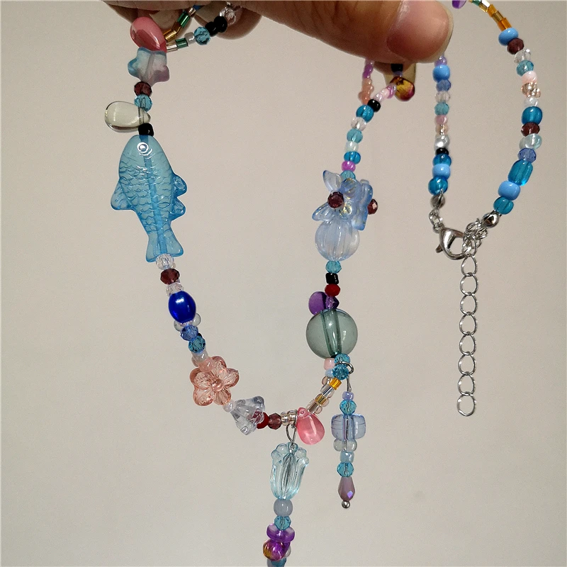 Y2K Blau Acryl Fisch Geometrische Bunte Blume Stern Perle Quaste Anhänger Halsband Halskette Sommer Neue Strand Geschenk Zubehör