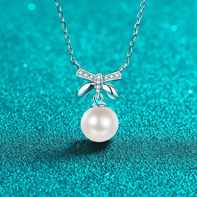 

Natural 8mm White Freshwater Pearl Bowknot Pendant Necklace for Women, PT950 Platinum Chain Moissanite Necklace Bride Gifts
