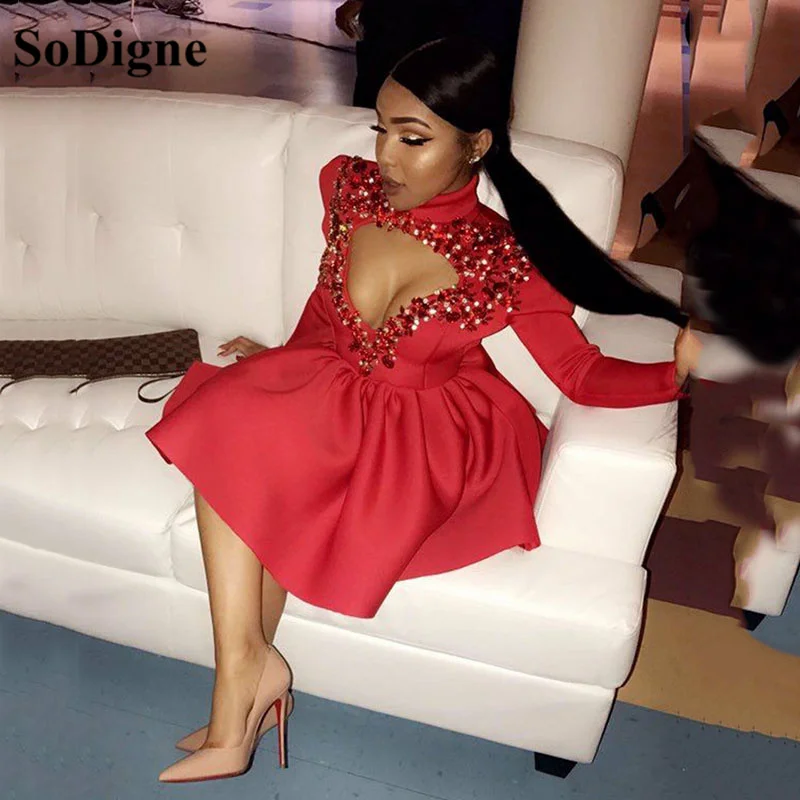

SoDigne Red Short Cocktail Dresses Long Sleeves High Neck Cut-Out Sexy Lady Formal Party Dress Mini Prom Gown