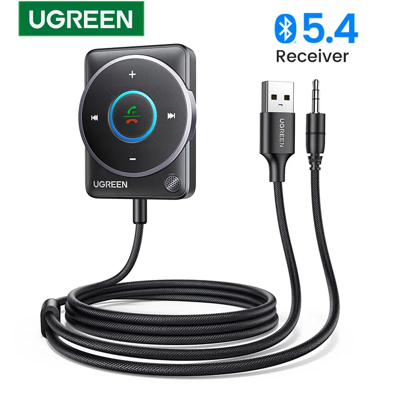 UGREEN USB Bluetooth 5.4 Car Receiver Adapter with Mics and Noise Cancellation, USB AUX Bluetooth Receiver Car Kit Stereo Audio