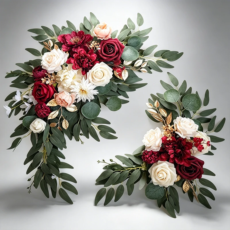 Fleurs artificielles rouges pour arche de mariage, fausses roses, guirlande de verdure, décoration florale pour cérémonie en plein air, réception et fête.