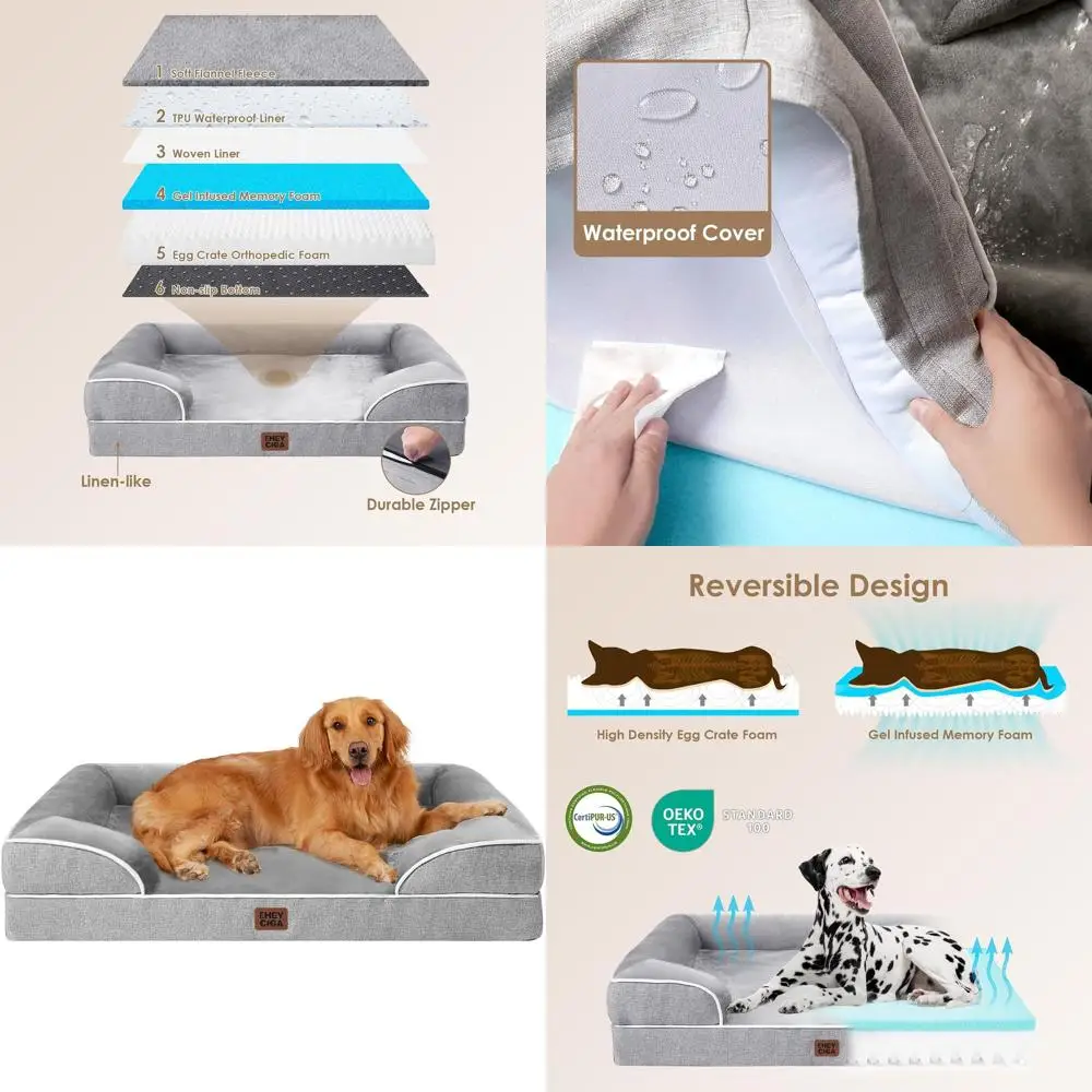 

Orthopedic XL Dog Bed, Waterproof Memory Foam, 44x32, Sides & Non-Slip, Washable Cover, Grey