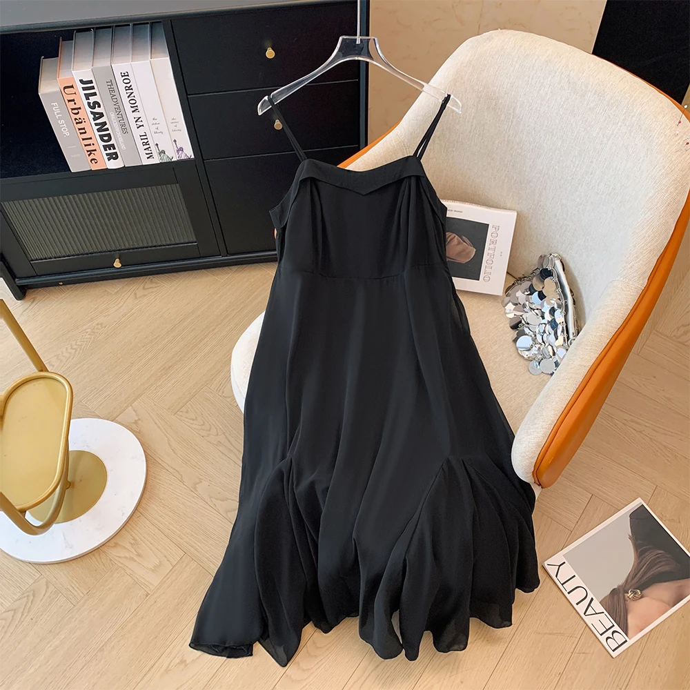 

Plus-size Women's Summer Casual Commute loose comfortable slip dress Black simple A-line skirt pleated skirt lined long dress