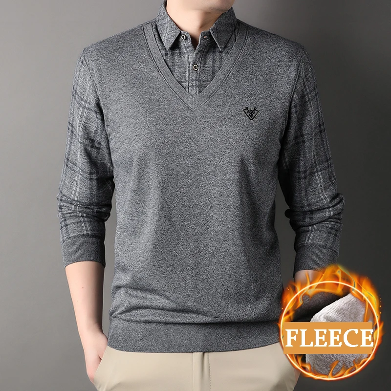 

Quality Winter Men Fleece Sweater Shirt Collar Thickened Pullover Autumn Winter Clothes Jumpers Fashion Knitwear