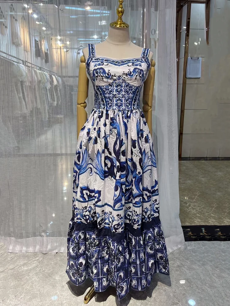 2025 spring women's new blue and white porcelain material 3.4 meters with chest strap dress loose big swing Peng Peng skirt