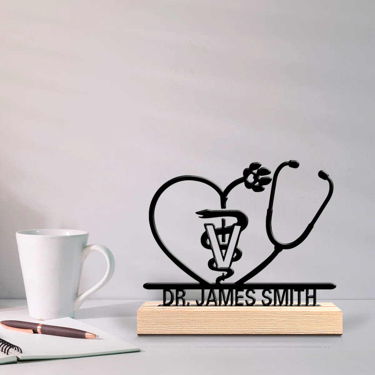 1pc Simple stethoscope Customizable Name Tin Statue Art Crafts With Wood Base Metal Sculpture With Wood BaseFor Home Decor
