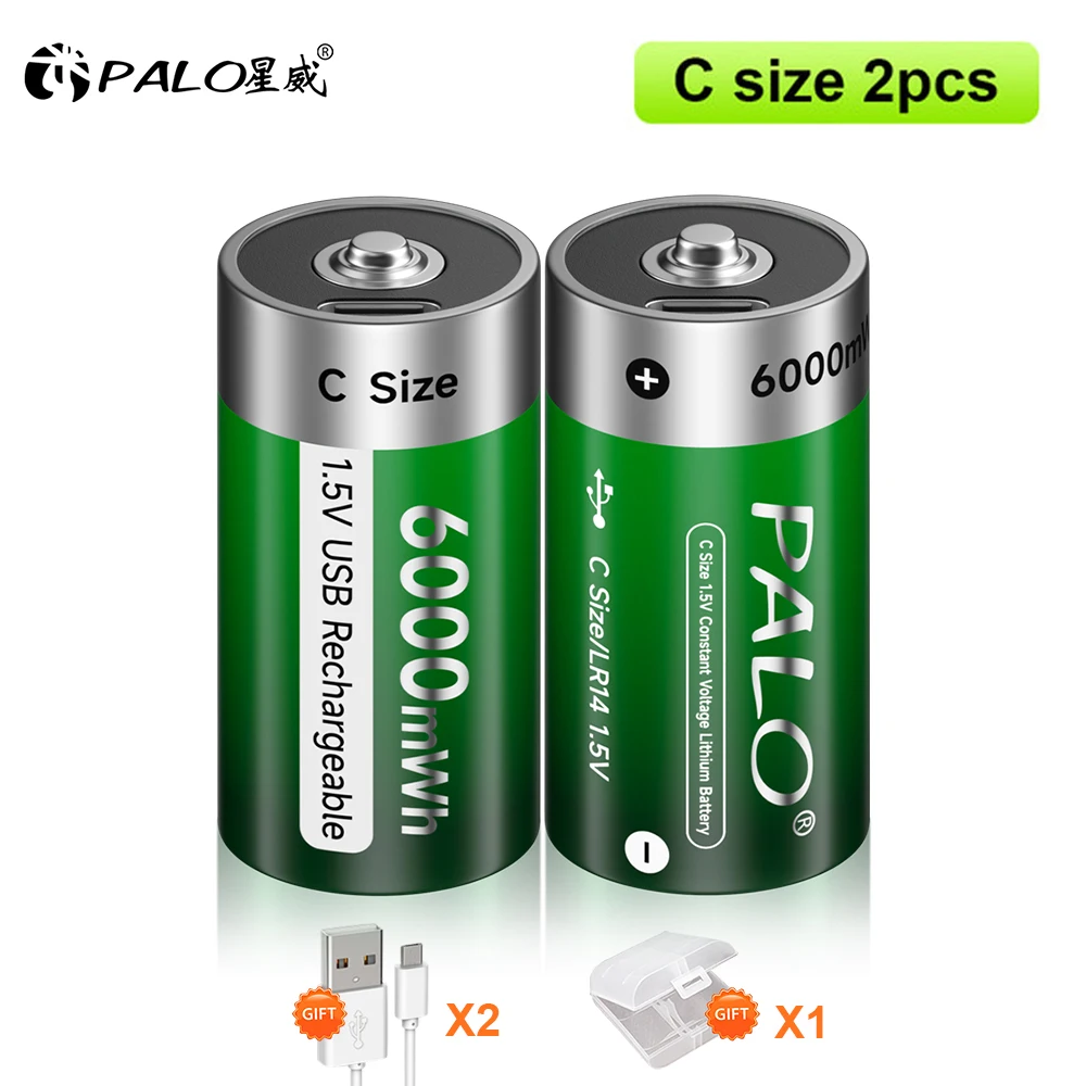 PALO 충전식 배터리 C 사이즈 Lipo LR14 배터리, RC 카메라 드론 액세서리, C 타입, 1.5V, 6000mWh, 1-10 개