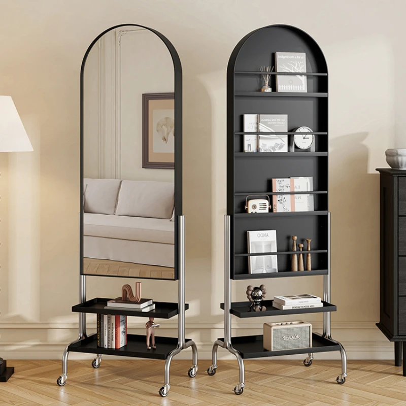 Light luxury movable full-body mirror storage rack integrated floor-to-ceiling home bedroom magazine rack rotating dressing