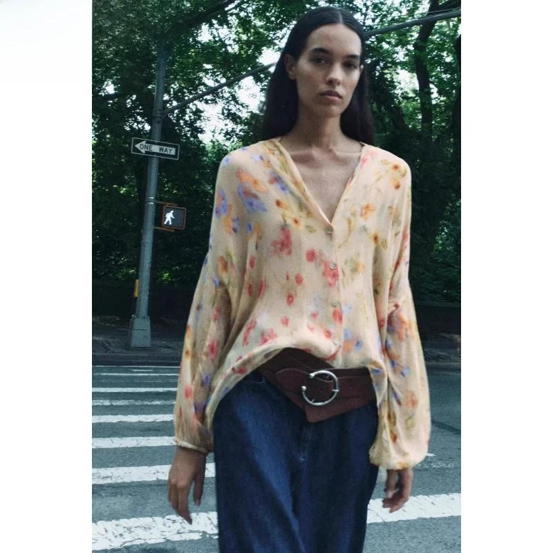 Csa de chiffon com estampa de fada, e, manga longa, nova, 2024, solta, manga crida, gola em v, crimento regular