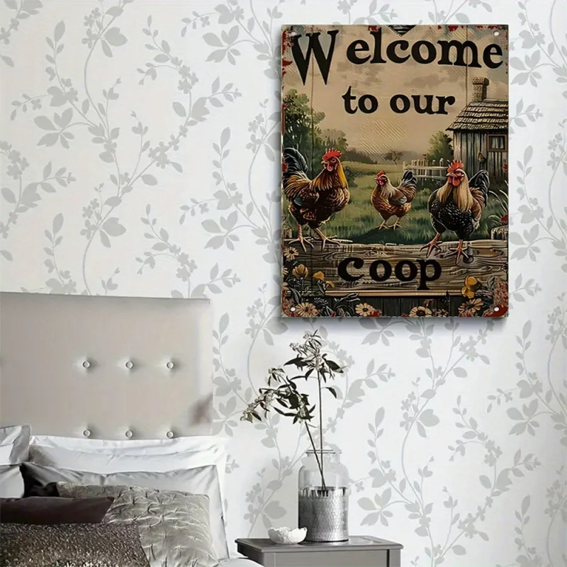 1A vintage metal tin sign - Welcome to our chicken coop，Rustic farmhouse wall decoration，With rooster and floral designs