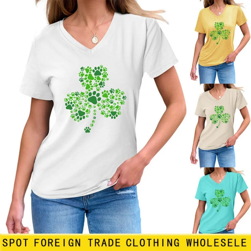 

Женская повседневная футболка с V-образным вырезом и короткими рукавами, с принтом в дизайнерском стиле, подходит для лета, свободного кроя.