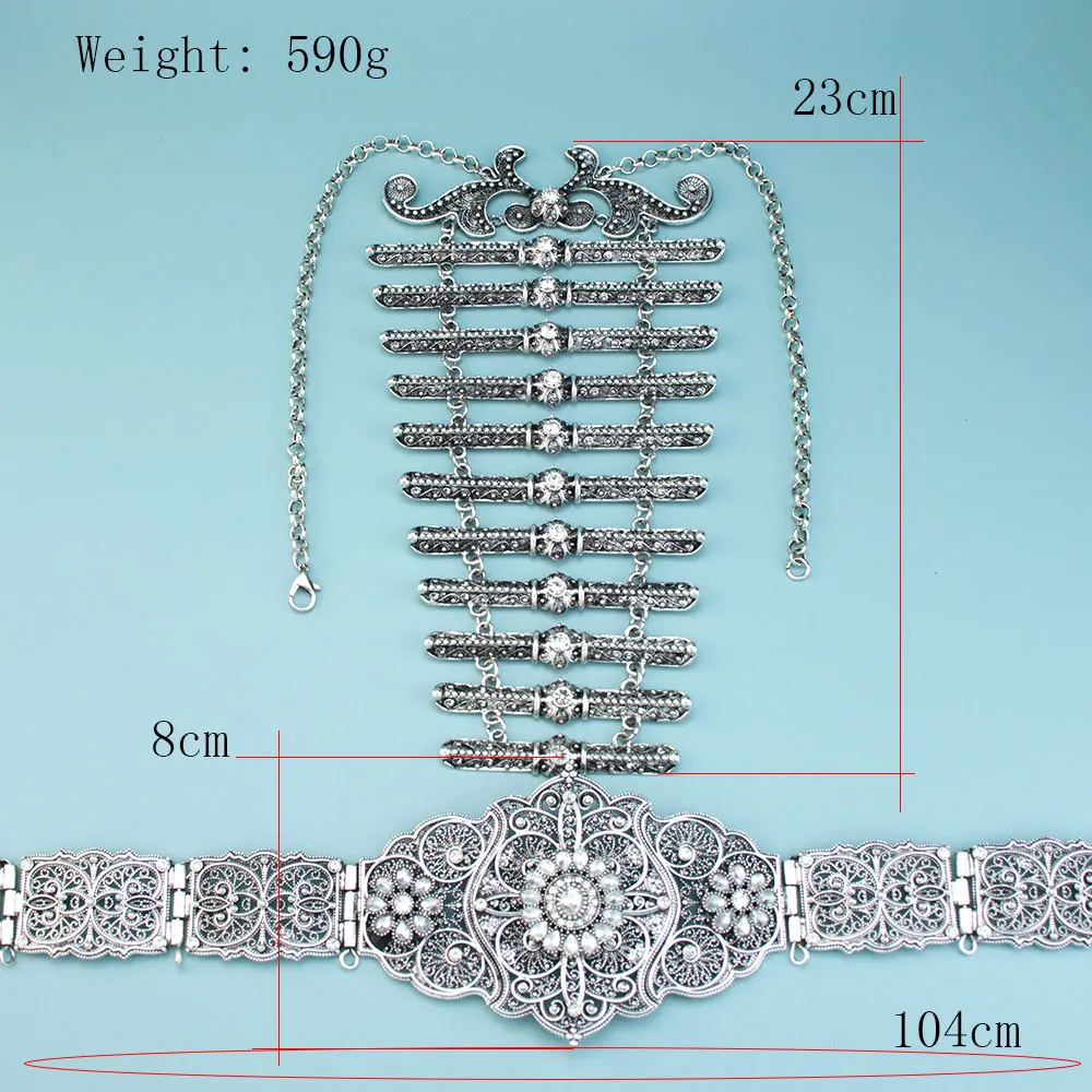 الرجعية الوسطى الآسيوية القوقازية النساء طقم مجوهرات حزام معدني الصدر درع قلادة الإغاثة نمط حجر الراين الزفاف التقليدي #2