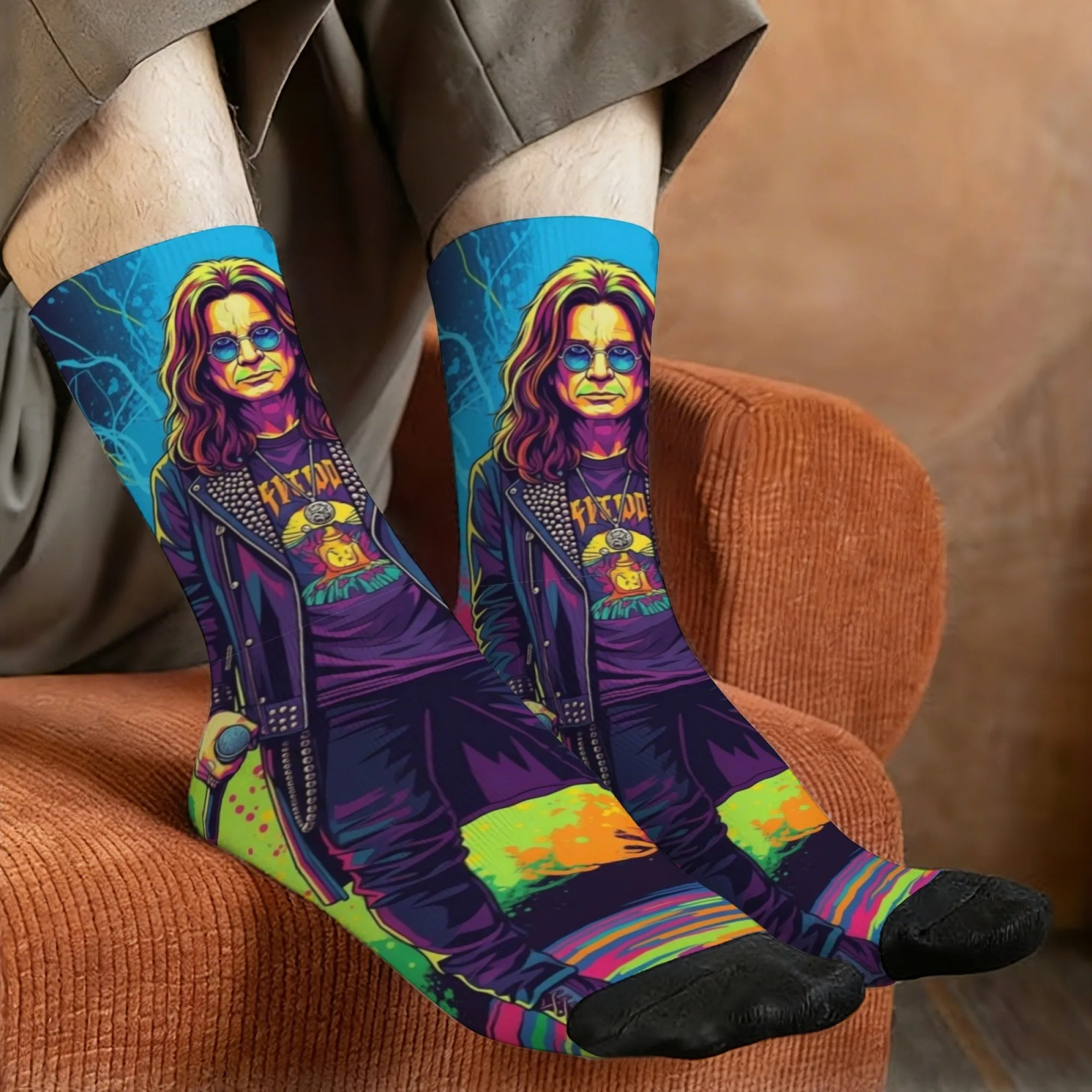 Retro neon rock print men's socks, comfortable, breathable, non-slip, casual socks, perfect for crazy parties and holiday gifts.