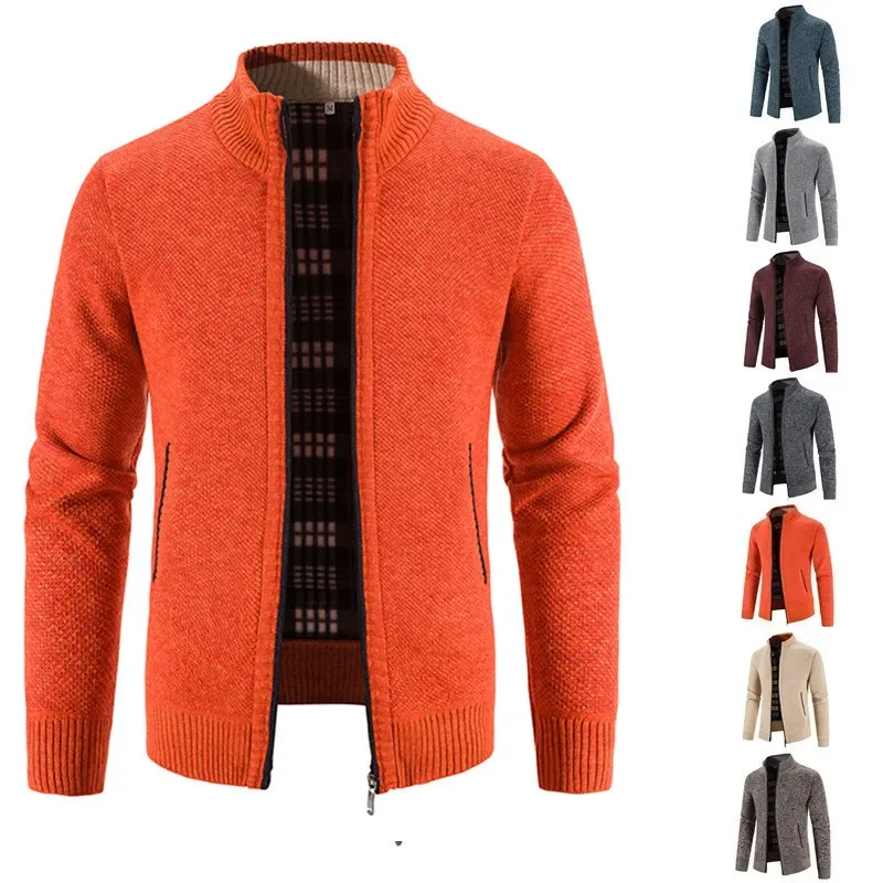 

Men's Autumn and Winter Cardigan Zippered Sweater Velvet Stand Collar Jacket, Men's Loose Knit Jacket