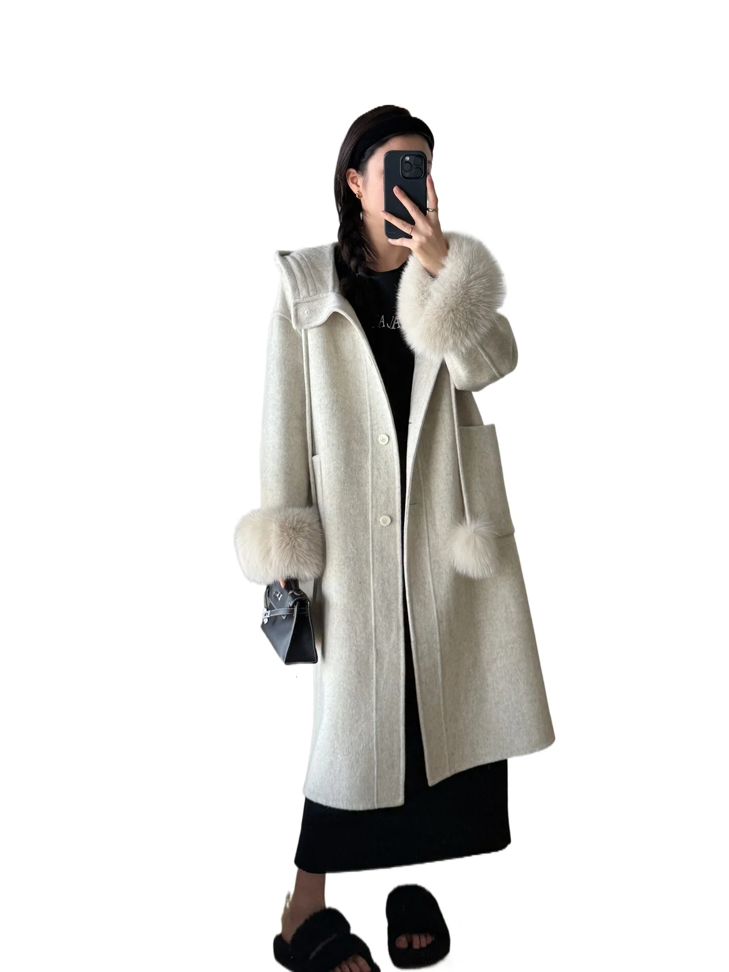 

Home 2025 Autumn and Winter New Hooded Cuffs Fox Hair Medium and Long Double-Sided Wool Coat Jacket Women's Tide
