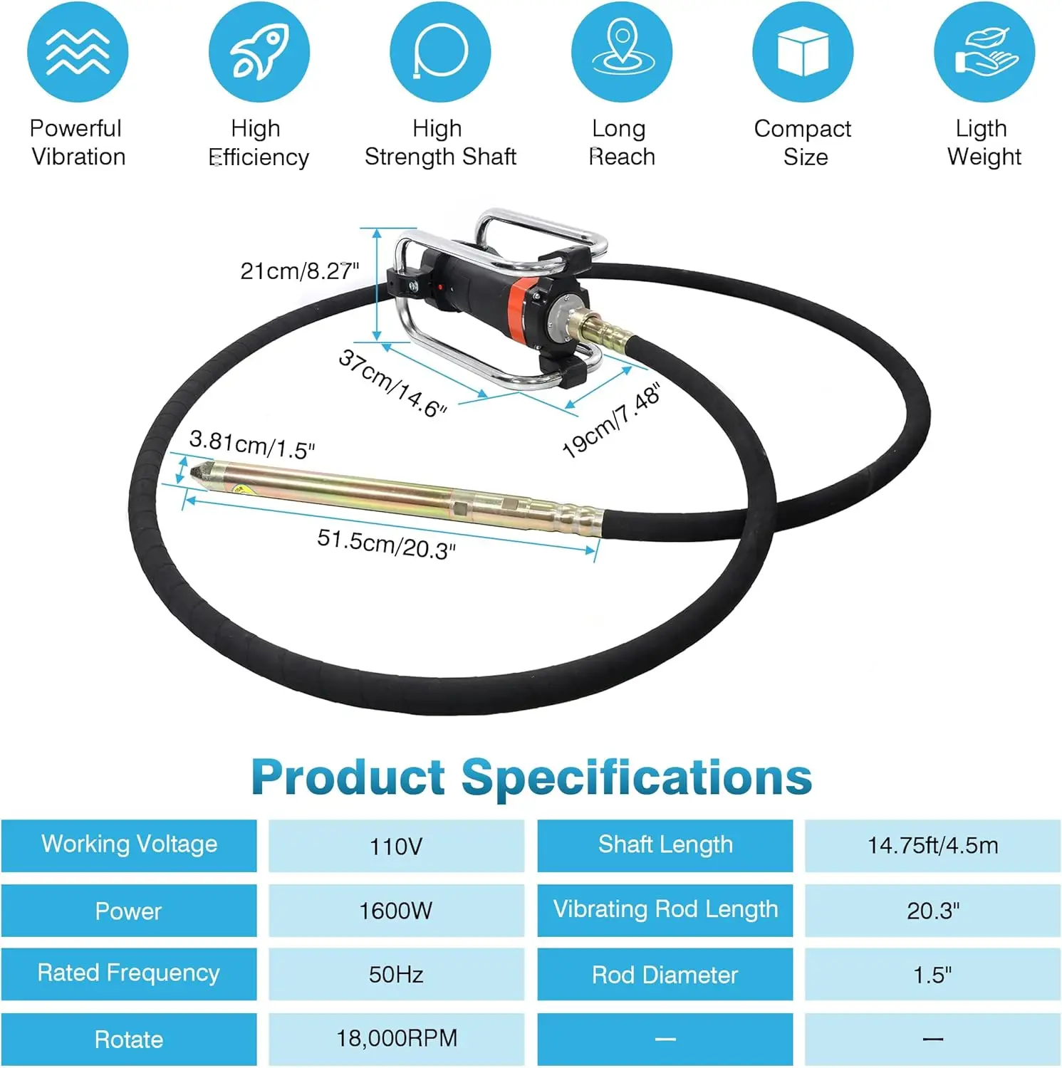 Power Concrete Vibrators Hand Held, 1500W 18,000RPM 2HP Portable Electric Concrete Vibrator Construction Insertion Vibrator with