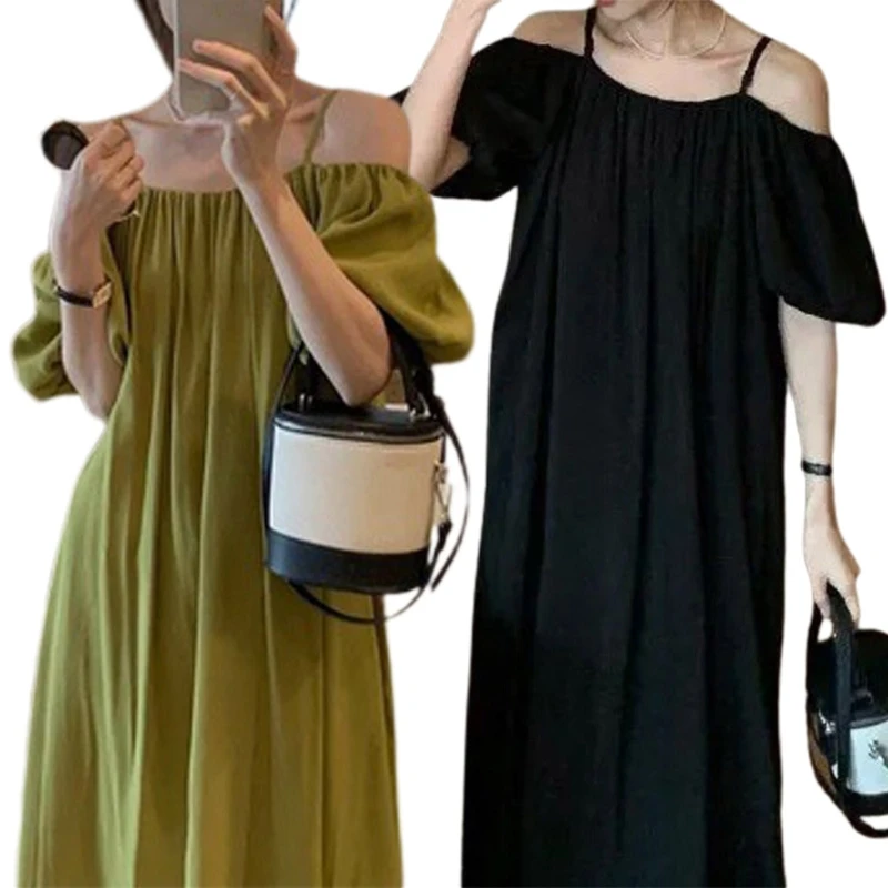 Sexy Off Shoulder Dress para mulheres Casual Summer Dress Girl Solid Party Dress Moda Spaghetti Strap Dress Holiday Dress