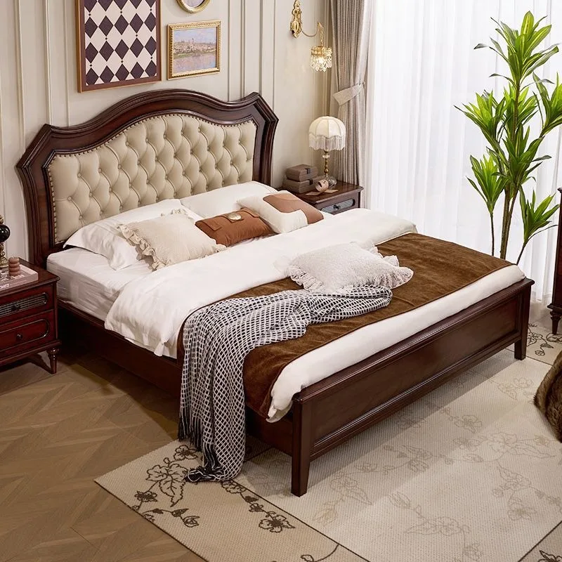 Mid-Century American Vintage Solid Wood Bed, Genuine Leather European Minimalist Large Double Bed for Home Bedroom