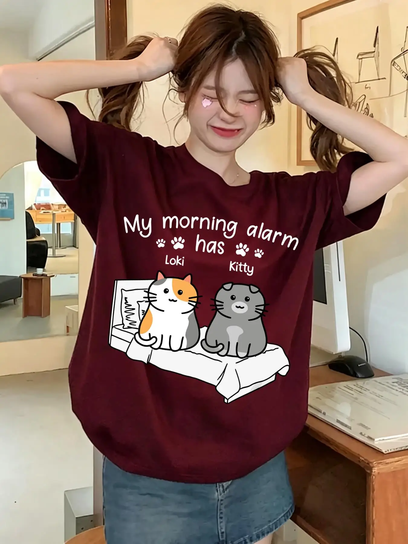My Morning Alarm Cats Printed Cotton T-Shirts Womens Summer Oversized Tops O-Neck Soft Short Sleeve Tees Basic Woman Clothes
