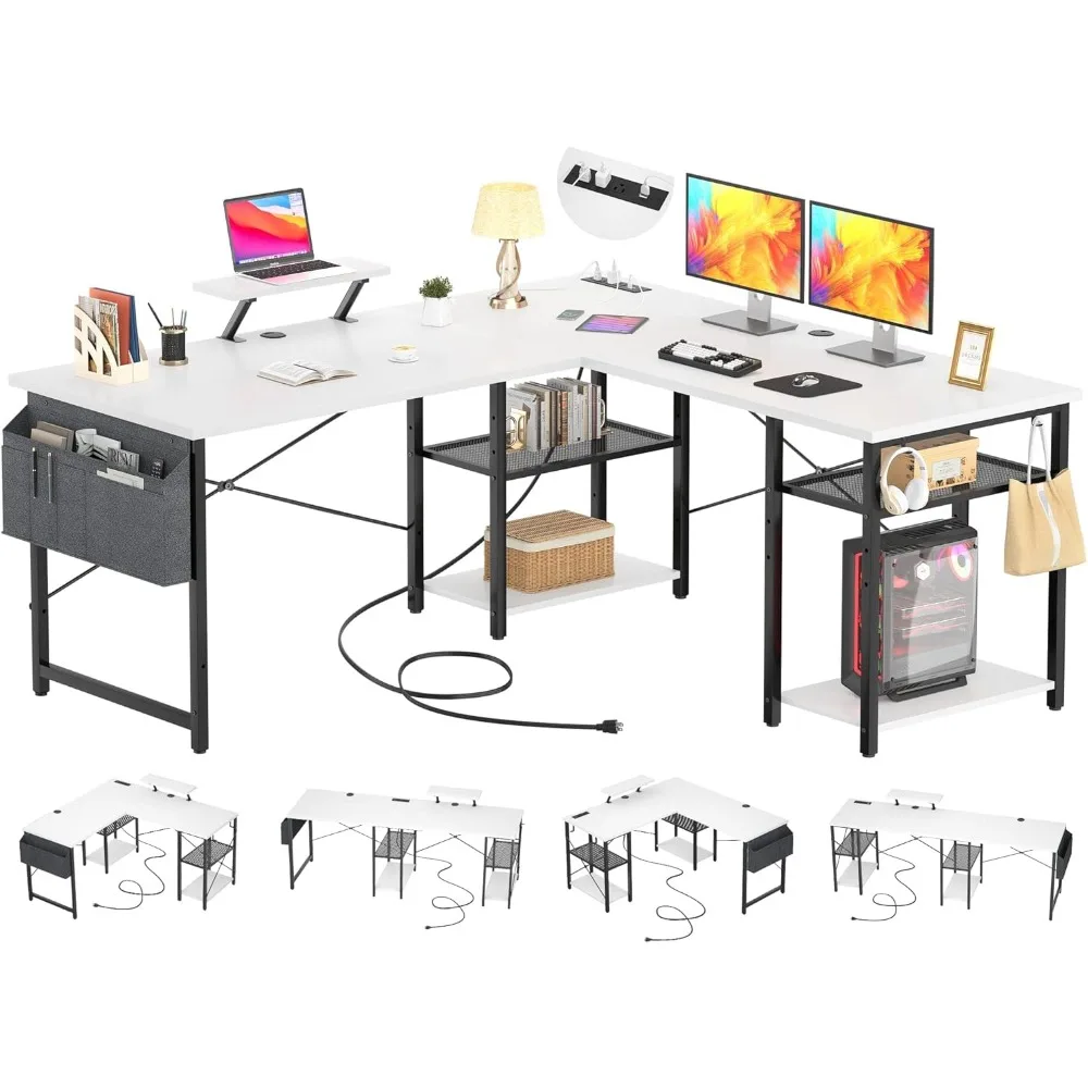 

Aheaplus L Shaped Desk with Outlet and USB Charging Ports, L-Shaped Desk with Storage Shelves Reversible Corner Computer Desk